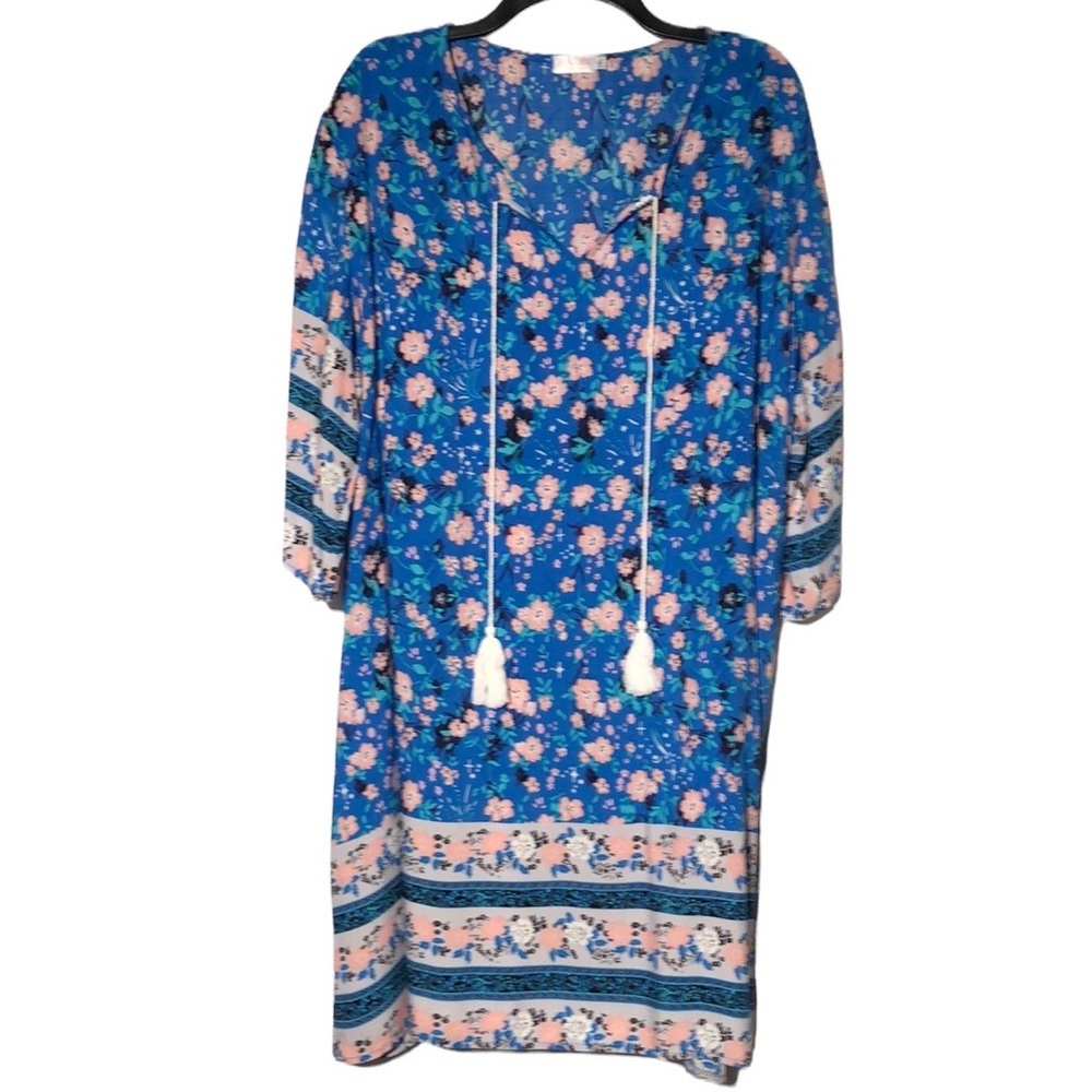 Halife Women's Printed Tassel Tie Neck Loose Fit Bohemian Tunic Dress Si…